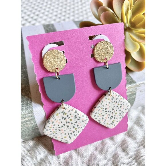 New Gray, Cream, Multicolor Dot Geometric Retro 80s Style Matte Earrings - 2.50" - Picture 2 of 5